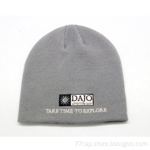 plain gray custom knitted beanie hat with woven label logo